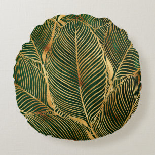 Gold Leaves Forest Green Elegant Pattern Rond Kussen