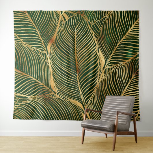 Gold Leaves Forest Green Elegant Pattern Wandkleed (In Situ (horizontaal))