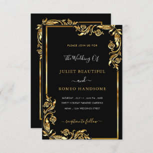 Gold Leaves Framed Black Wedding Uitnodiging