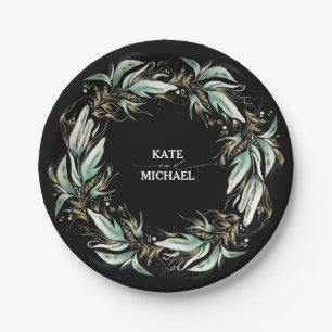 Gold Leaves Greenery Black Wedding Papieren Bordje