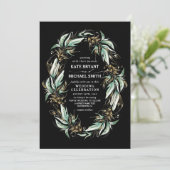 Gold Leaves Greenery Wreath Black Modern Wedding Kaart (Staand voorkant)