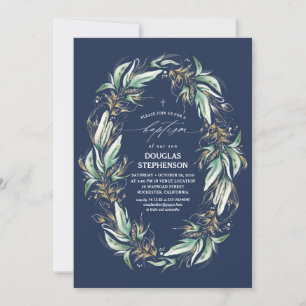Gold Leaves Greenery Wreaty Navy Blue Baptisme Kaart