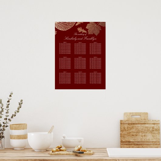 Gold Leaves Herfst Burgundy Wedding Seating Chart Poster (Keuken)