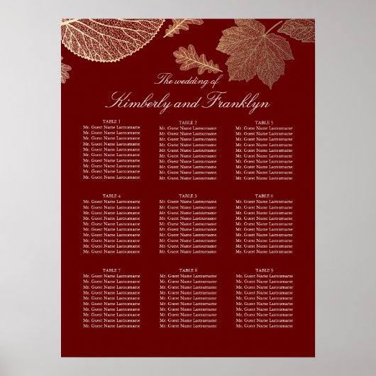 Gold Leaves Herfst Burgundy Wedding Seating Chart Poster (Voorkant)