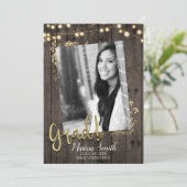 Gold Leaves & Lights Rustic Dark Wood Afstuderen Kaart (Staand voorkant)