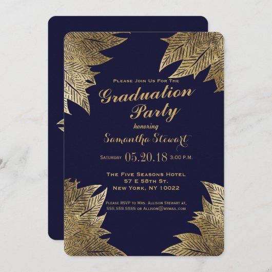 Gold Leaves op Navy Blue Graduation Party nodigt u Kaart (Voorkant / Achterkant)