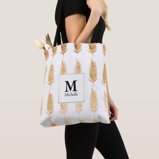Gold Leaves Pattern Monogram Canvas tas (Dichtbij)