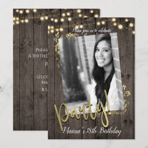 Gold Leaves Rustic Dark Wood Birthday Party Kaart