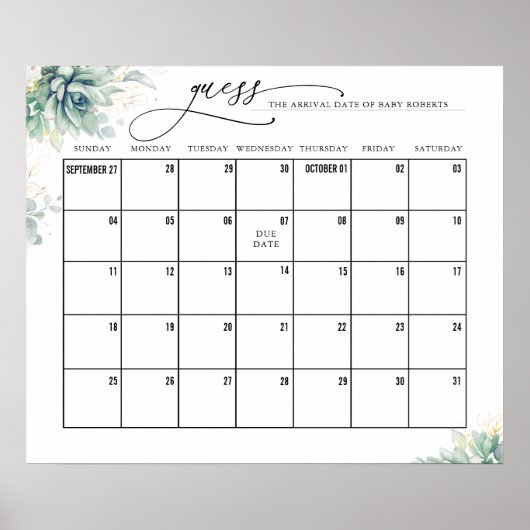 Gold Leaves Succulents Raad Einddatum Agenda Poster (Voorkant)