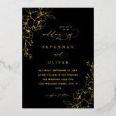 Gold led Floral Black & Gold Wedding Folie Uitnodiging (Voorkant)