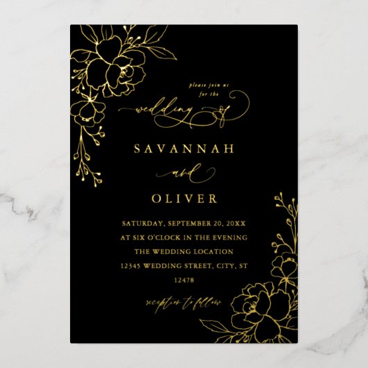 Gold led Floral Black & Gold Wedding Folie Uitnodiging (Voorkant)