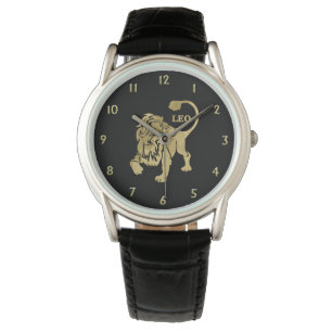 Gold Leo Lion Zodiac op Black Horloge