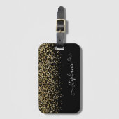 Gold Leopard Glitter Monogram Black Bagagelabel (Voorkant (verticaal))