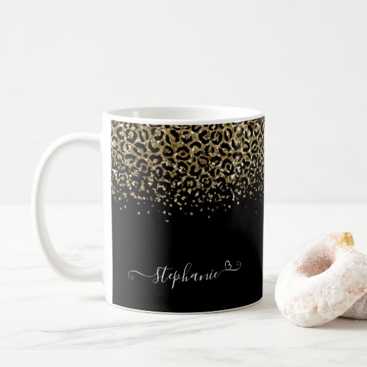 Gold Leopard Glitter Monogram Black Koffiemok (Met donut)