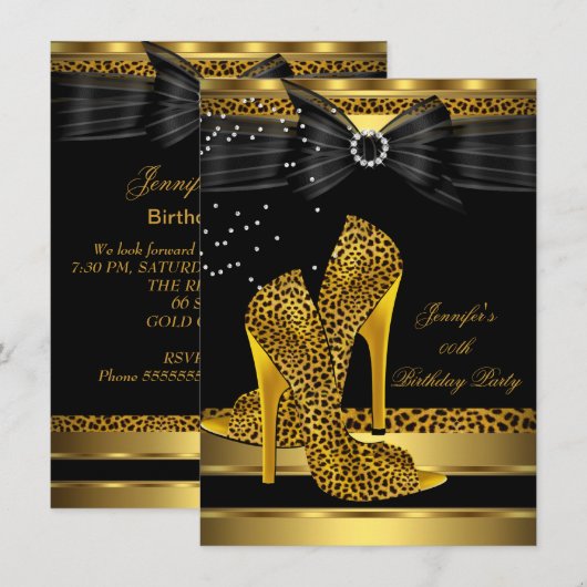 Gold Leopard High Hiel Black Bow Birthday Party 3 Kaart (Voorkant / Achterkant)