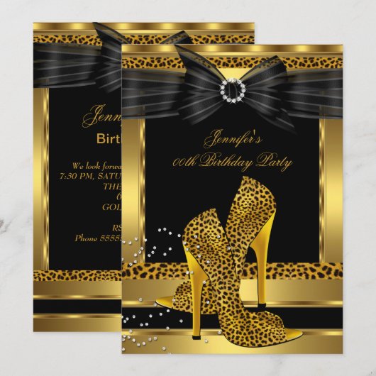 Gold Leopard High Hiel Shoe Black Birthday Kaart (Voorkant / Achterkant)