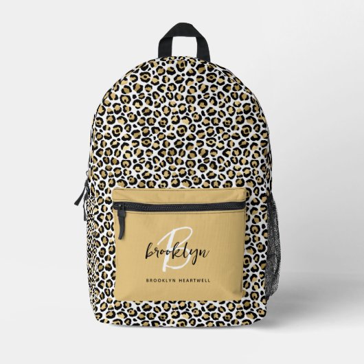 Gold Leopard Print Monogram Naam Terug naar school Bedrukte Rugzak (Voorkant)