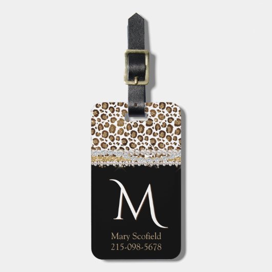 Gold Leopard Print Monogramed Bagagelabel (Voorkant verticaal)