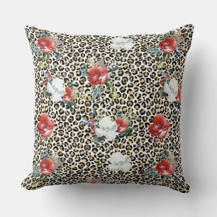 Gold Leopard Print Red White Floral Kussen
