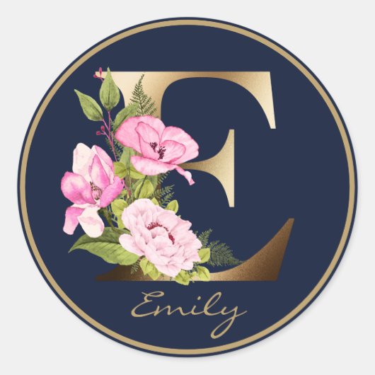 Gold Letter E Elegant Navy Floral Monogram Ronde Sticker (Voorkant)