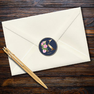 Gold Letter K Navy Elegant Floral Monogram Roos Ronde Sticker