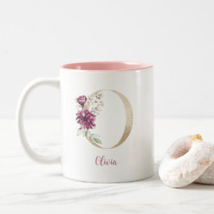 Gold Letter O, Monogram O, Roze Floral geeft haar Tweekleurige Koffiemok