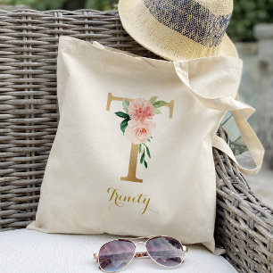 Gold Letter T en Blush Floral op maat Tote Bag