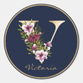 Gold Letter V Marsala White Floral Monogram Ronde Sticker (Voorkant)