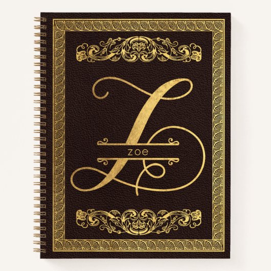 Gold Letter Z en naam op bruin leder-monogrammen Notitieboek (Voorkant)