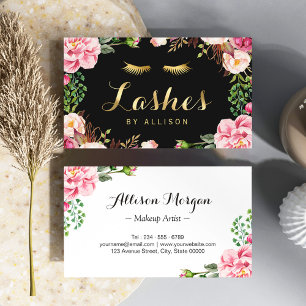 Gold Lettering Eyelashes Makeup Artist Pink Floral Visitekaartje