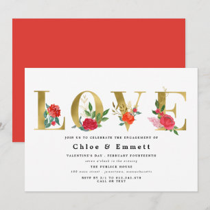 Gold Letters met Red Flowers Engagement Party Kaart