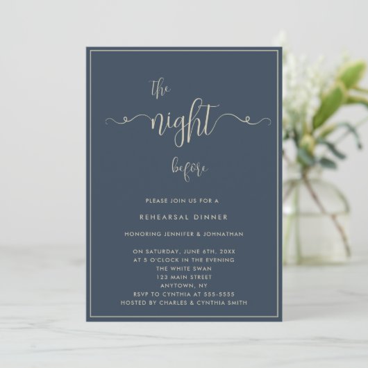 Gold Letters Navy Blue Rehearsal Dinner Invitation Kaart (Staand voorkant)