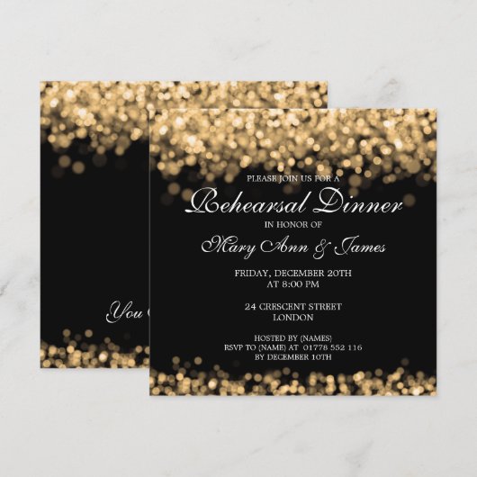 Gold Lights Huwelijksrepetitie Diner Kaart (Voorkant / Achterkant)