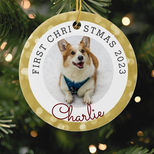 Gold Lights Pet's eerste kerstfoto Keramisch Ornament