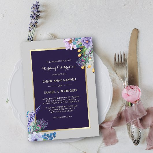 Gold Lijst Blue Boho Floral Weddenschap Kaart