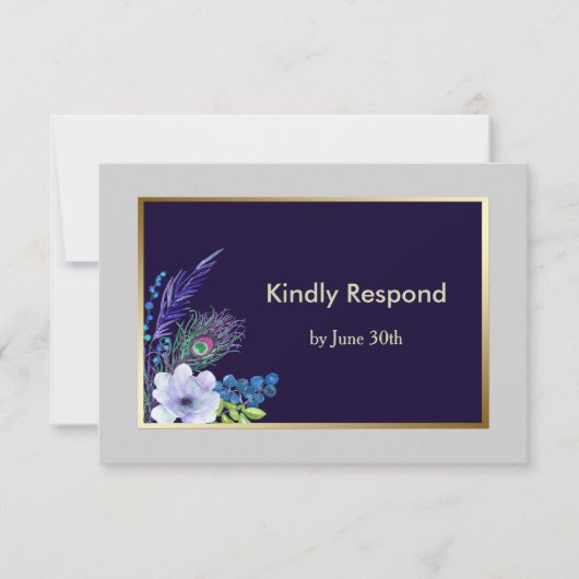Gold Lijst Blue Boho Floral Wedding RSVP Kaartje (Voorkant)