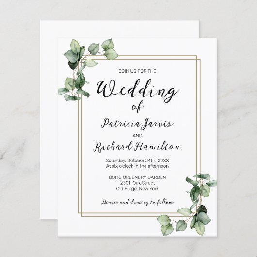 Gold Lijst Greenery Budget Wedding Uitnodiging (Voorkant / Achterkant)