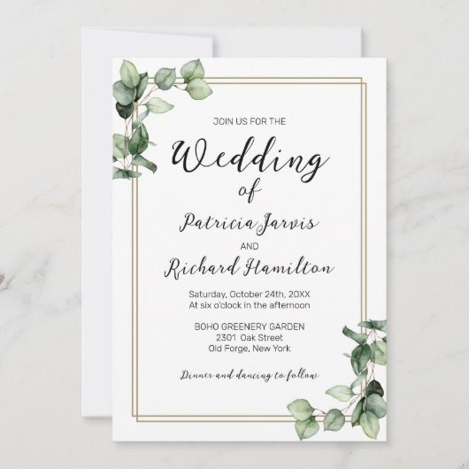 Gold Lijst Greenery Elegant Wedding Invitation Kaart (Voorkant)