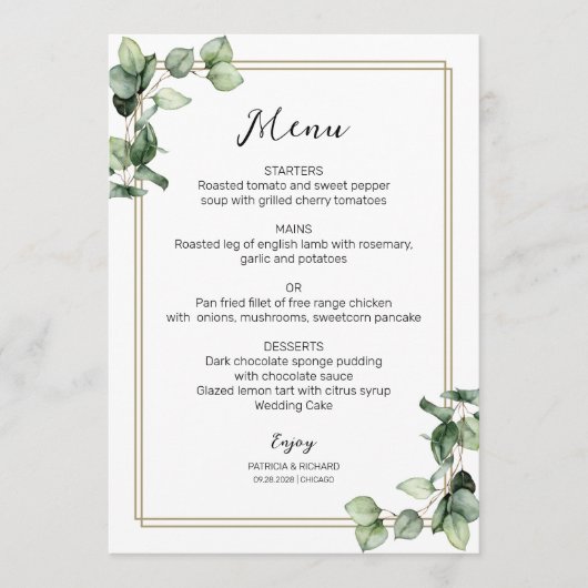 Gold Lijst Greenery Elegant Wedding Menu Kaart (Voorkant)