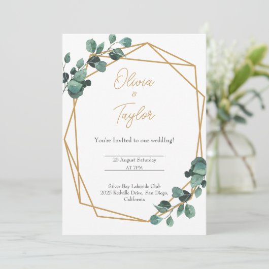 Gold Lijst Greenery Modern Huwelijksuitnodiging Kaart