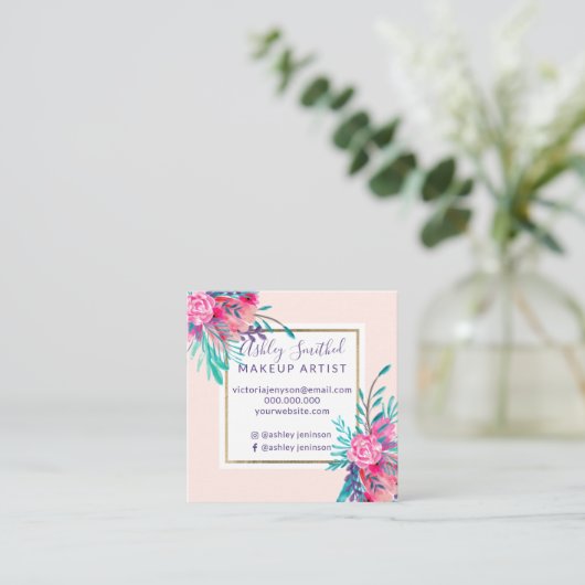 Gold lijst roze florale waterverf make-up vierkante visitekaartje (Staand voorkant)