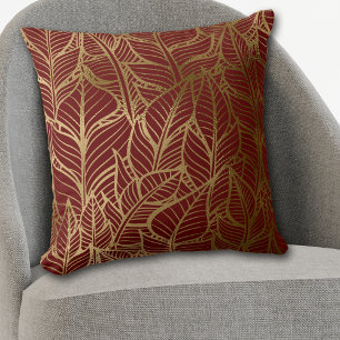Gold Line Leaf Pattern op Maroon Red Sierkussen