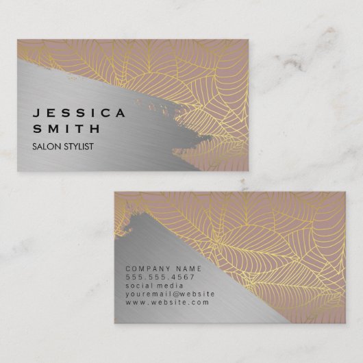 Gold Line Leaf Pattern | Silver Brushed Visitekaartje (Voorkant / Achterkant)