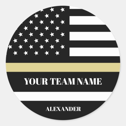 Gold Line U.S. Flag with Custom Team & Name  Ronde Sticker (Voorkant)