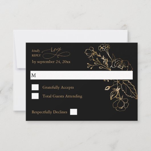 Gold Lined Floral on Black & Gold no Meal RSVP (Voorkant)