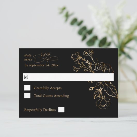 Gold Lined Floral on Black & Gold no Meal RSVP (Staand voorkant)