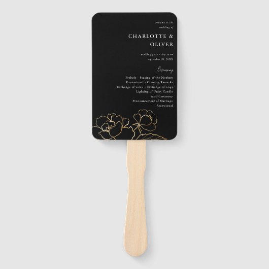 Gold Lined Floral Wedding Programme 2 - Black Handwaaier (Voorkant)