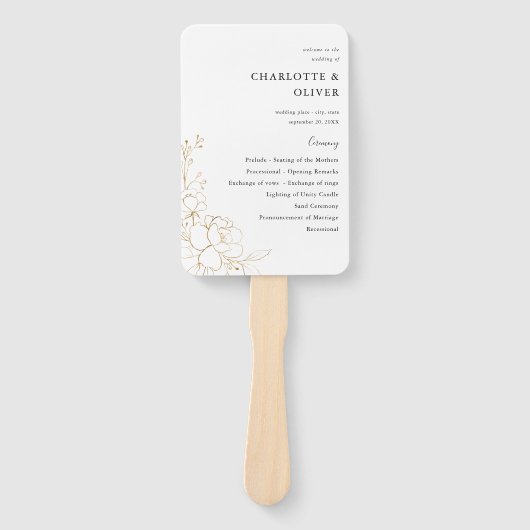 Gold Lined Floral Wedding Programme Handwaaier (Voorkant)