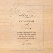 Gold Lined Floral White & Black Wedding Acryl Uitnodigingen (Voorkant)