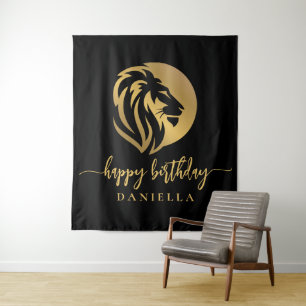 Gold Lion Leo Happy Birthday met naam Wandkleed